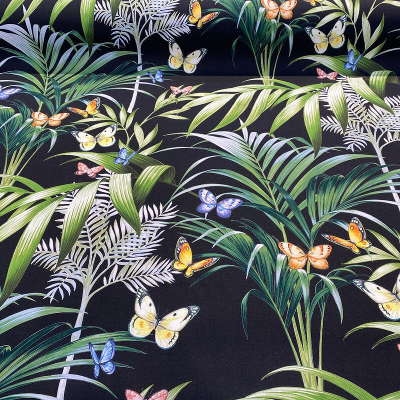 Palms Butterflies Cotton Fabric - Black Digital Print, 54" Width, 36.5" Horizontal Repeat, 24.5" Vertical Repeat (1 Yard)