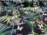 Palms Butterflies Cotton Fabric - Black Digital Print, 54" Width, 36.5" Horizontal Repeat, 24.5" Vertical Repeat (1 Yard)