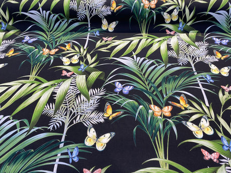 Palms Butterflies Cotton Fabric - Black Digital Print, 54" Width, 36.5" Horizontal Repeat, 24.5" Vertical Repeat (1 Yard)