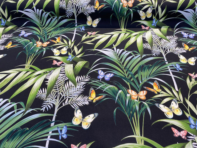 Palms Butterflies Cotton Fabric - Black Digital Print, 54" Width, 36.5" Horizontal Repeat, 24.5" Vertical Repeat (1 Yard)