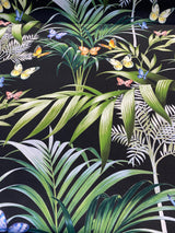 Palms Butterflies Cotton Fabric - Black Digital Print, 54" Width, 36.5" Horizontal Repeat, 24.5" Vertical Repeat (1 Yard)