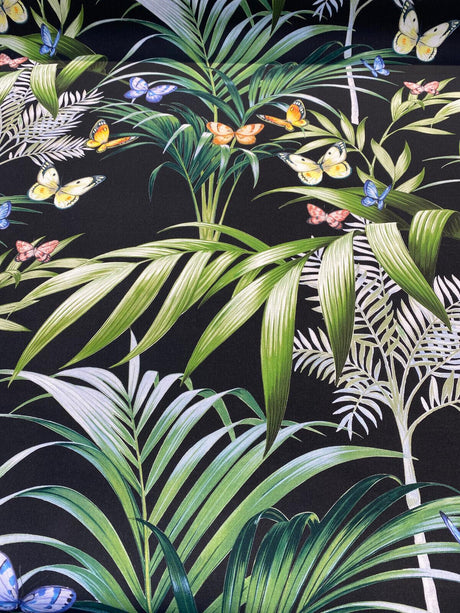 Palms Butterflies Cotton Fabric - Black Digital Print, 54" Width, 36.5" Horizontal Repeat, 24.5" Vertical Repeat (1 Yard)