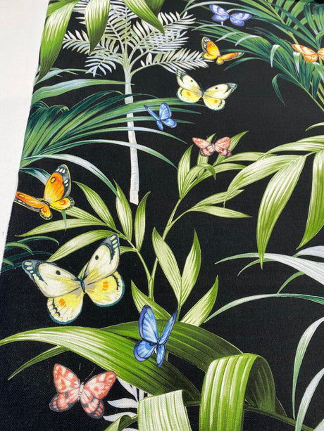 Palms Butterflies Cotton Fabric - Black Digital Print, 54" Width, 36.5" Horizontal Repeat, 24.5" Vertical Repeat (1 Yard)
