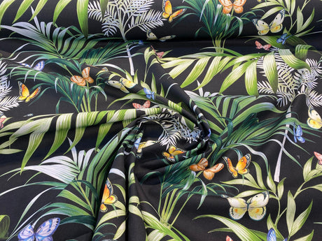 Palms Butterflies Cotton Fabric - Black Digital Print, 54" Width, 36.5" Horizontal Repeat, 24.5" Vertical Repeat (1 Yard)