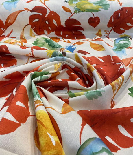 Loros Tropic Parrots Cotton Polyester Print Fabric - Beige Off White With Red Branches, Orange And Yellow Leaves, Parrots, 54" Width (1 Yard)