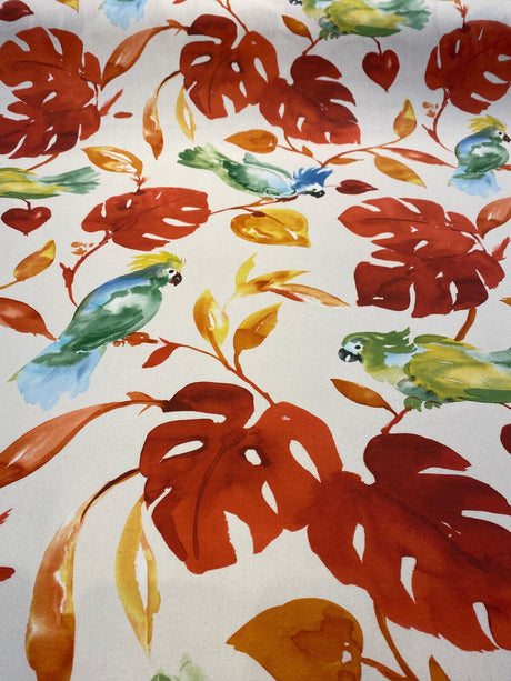 Loros Tropic Parrots Cotton Polyester Print Fabric - Beige Off White With Red Branches, Orange And Yellow Leaves, Parrots, 54" Width (1 Yard)