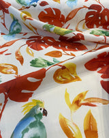 Loros Tropic Parrots Cotton Polyester Print Fabric - Beige Off White With Red Branches, Orange And Yellow Leaves, Parrots, 54" Width (1 Yard)