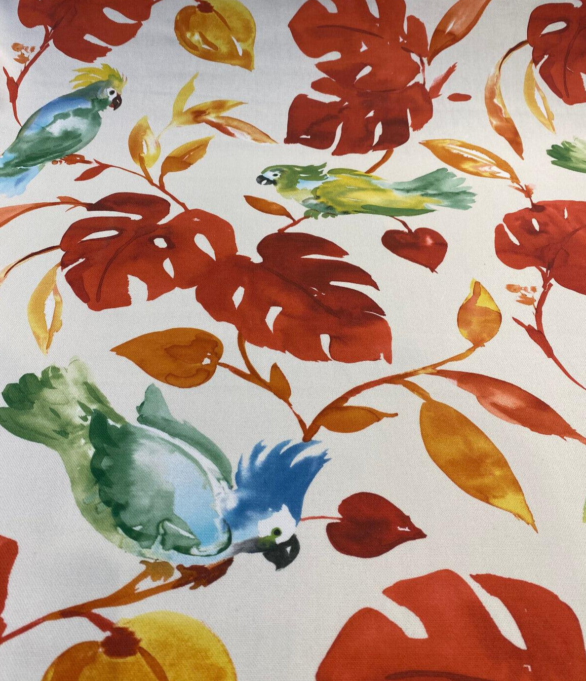 Loros Tropic Parrots Cotton Polyester Print Fabric - Beige Off White With Red Branches, Orange And Yellow Leaves, Parrots, 54" Width (1 Yard)