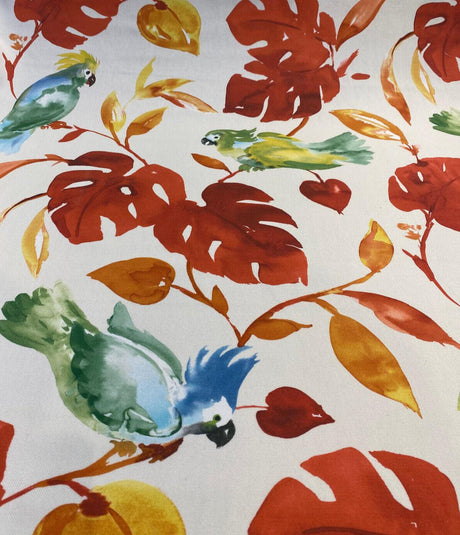 Loros Tropic Parrots Cotton Polyester Print Fabric - Beige Off White With Red Branches, Orange And Yellow Leaves, Parrots, 54" Width (1 Yard)