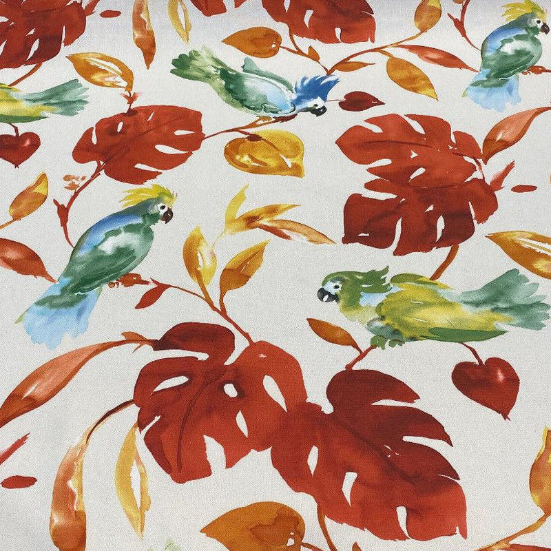 Loros Tropic Parrots Cotton Polyester Print Fabric - Beige Off White With Red Branches, Orange And Yellow Leaves, Parrots, 54" Width (1 Yard)