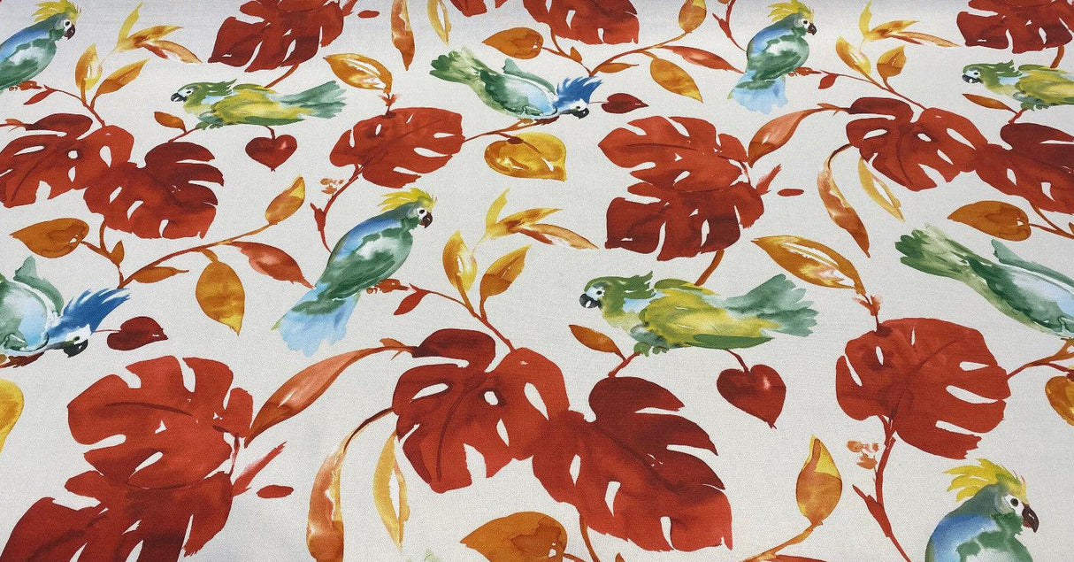 Loros Tropic Parrots Cotton Polyester Print Fabric - Beige Off White With Red Branches, Orange And Yellow Leaves, Parrots, 54" Width (1 Yard)