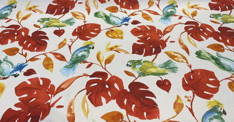 Loros Tropic Parrots Cotton Polyester Print Fabric - Beige Off White With Red Branches, Orange And Yellow Leaves, Parrots, 54" Width (1 Yard)