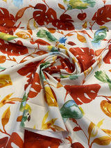 Loros Tropic Parrots Cotton Polyester Print Fabric - Beige Off White With Red Branches, Orange And Yellow Leaves, Parrots, 54" Width (1 Yard)