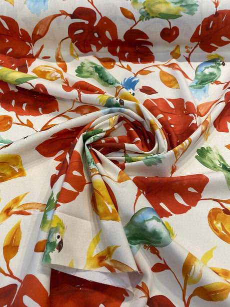 Loros Tropic Parrots Cotton Polyester Print Fabric - Beige Off White With Red Branches, Orange And Yellow Leaves, Parrots, 54" Width (1 Yard)