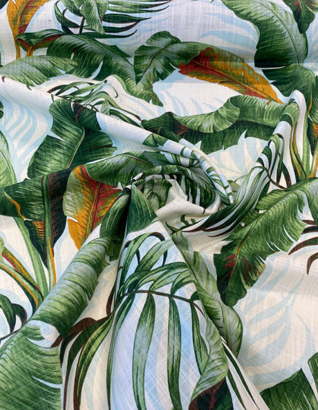 Palmiers 100 Percent Cotton Fabric - Green Agate Palm Leaf Pattern, 54" Width, 27" Horizontal Repeat, 27" Vertical Repeat (1 Yard)