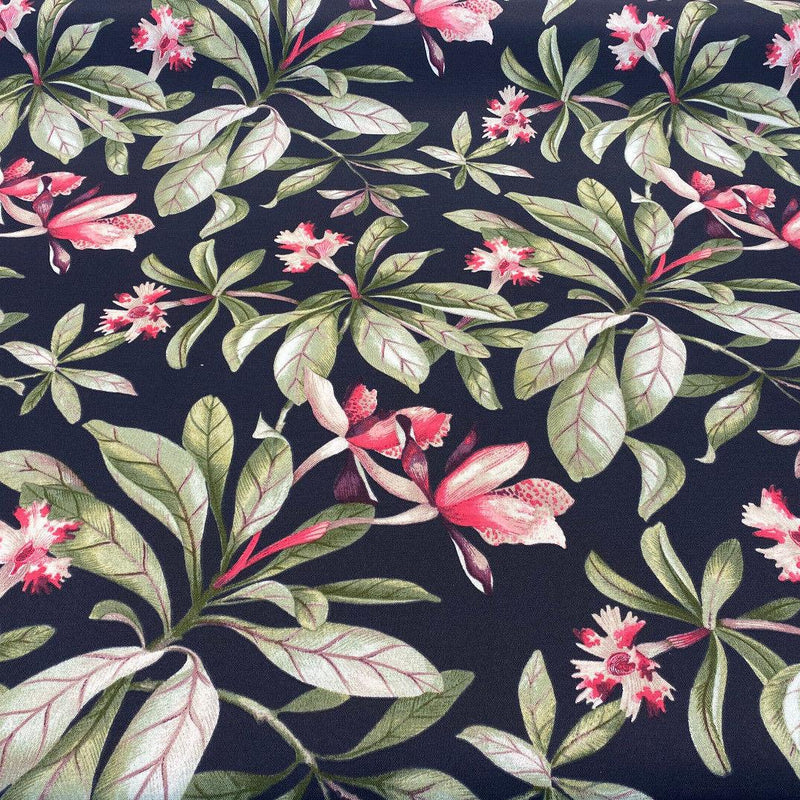 Orchid Valley Floral Ebony Noir Outdoor Spun Polyester Fabric - Green Branches, Red Pink Flowers, Black Background, 54" Width (1 Yard)