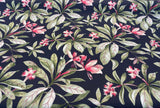 Orchid Valley Floral Ebony Noir Outdoor Spun Polyester Fabric - Green Branches, Red Pink Flowers, Black Background, 54" Width (1 Yard)
