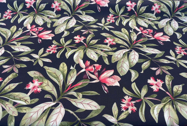 Orchid Valley Floral Ebony Noir Outdoor Spun Polyester Fabric - Green Branches, Red Pink Flowers, Black Background, 54" Width (1 Yard)