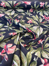 Orchid Valley Floral Ebony Noir Outdoor Spun Polyester Fabric - Green Branches, Red Pink Flowers, Black Background, 54" Width (1 Yard)