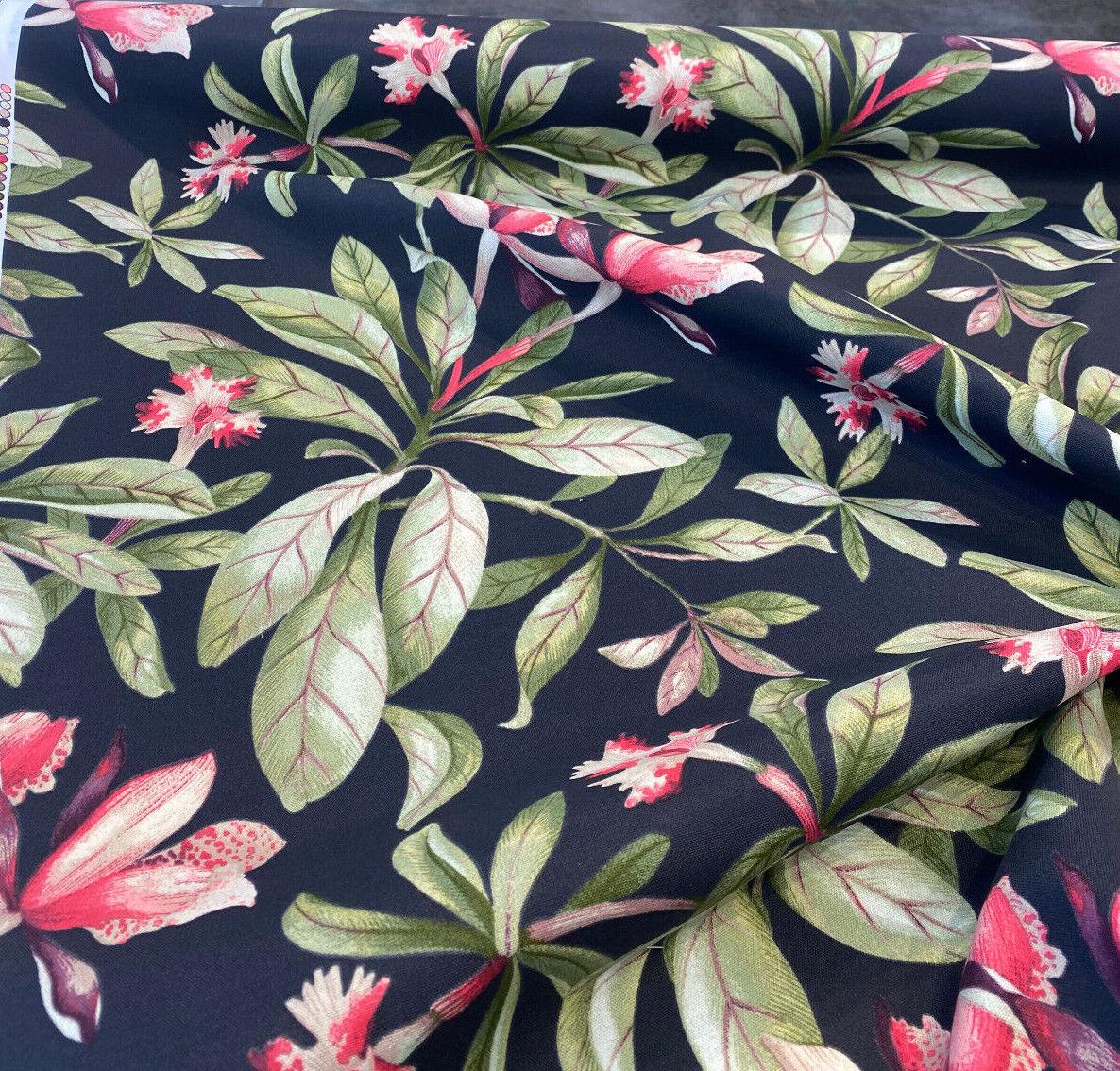 Orchid Valley Floral Ebony Noir Outdoor Spun Polyester Fabric - Green Branches, Red Pink Flowers, Black Background, 54" Width (1 Yard)