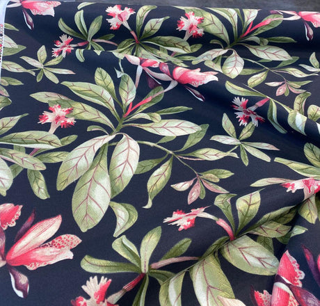 Orchid Valley Floral Ebony Noir Outdoor Spun Polyester Fabric - Green Branches, Red Pink Flowers, Black Background, 54" Width (1 Yard)