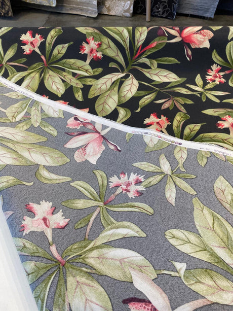 Orchid Valley Floral Ebony Noir Outdoor Spun Polyester Fabric - Green Branches, Red Pink Flowers, Black Background, 54" Width (1 Yard)