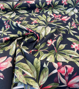 Orchid Valley Floral Ebony Noir Outdoor Spun Polyester Fabric - Green Branches, Red Pink Flowers, Black Background, 54" Width (1 Yard)