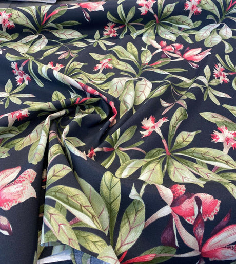 Orchid Valley Floral Ebony Noir Outdoor Spun Polyester Fabric - Green Branches, Red Pink Flowers, Black Background, 54" Width (1 Yard)