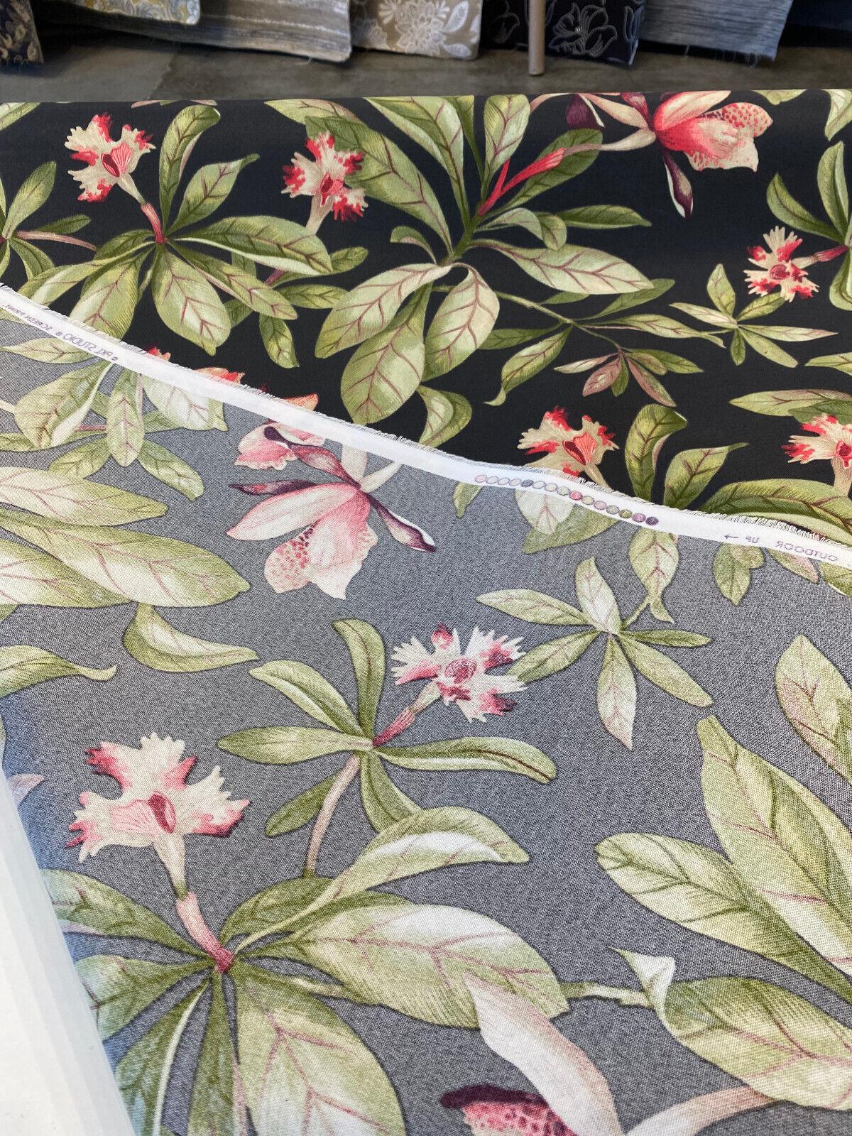 Orchid Valley Floral Ebony Noir Outdoor Spun Polyester Fabric - Green Branches, Red Pink Flowers, Black Background, 54" Width (1 Yard)