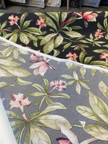 Orchid Valley Floral Ebony Noir Outdoor Spun Polyester Fabric - Green Branches, Red Pink Flowers, Black Background, 54" Width (1 Yard)