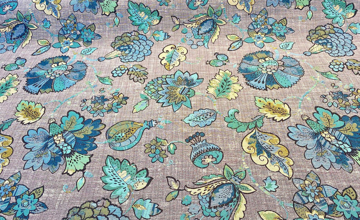 Triumph Jacobean Polyester Fabric - Blue Green Jacobean Floral, 58" Width (1 Yard)