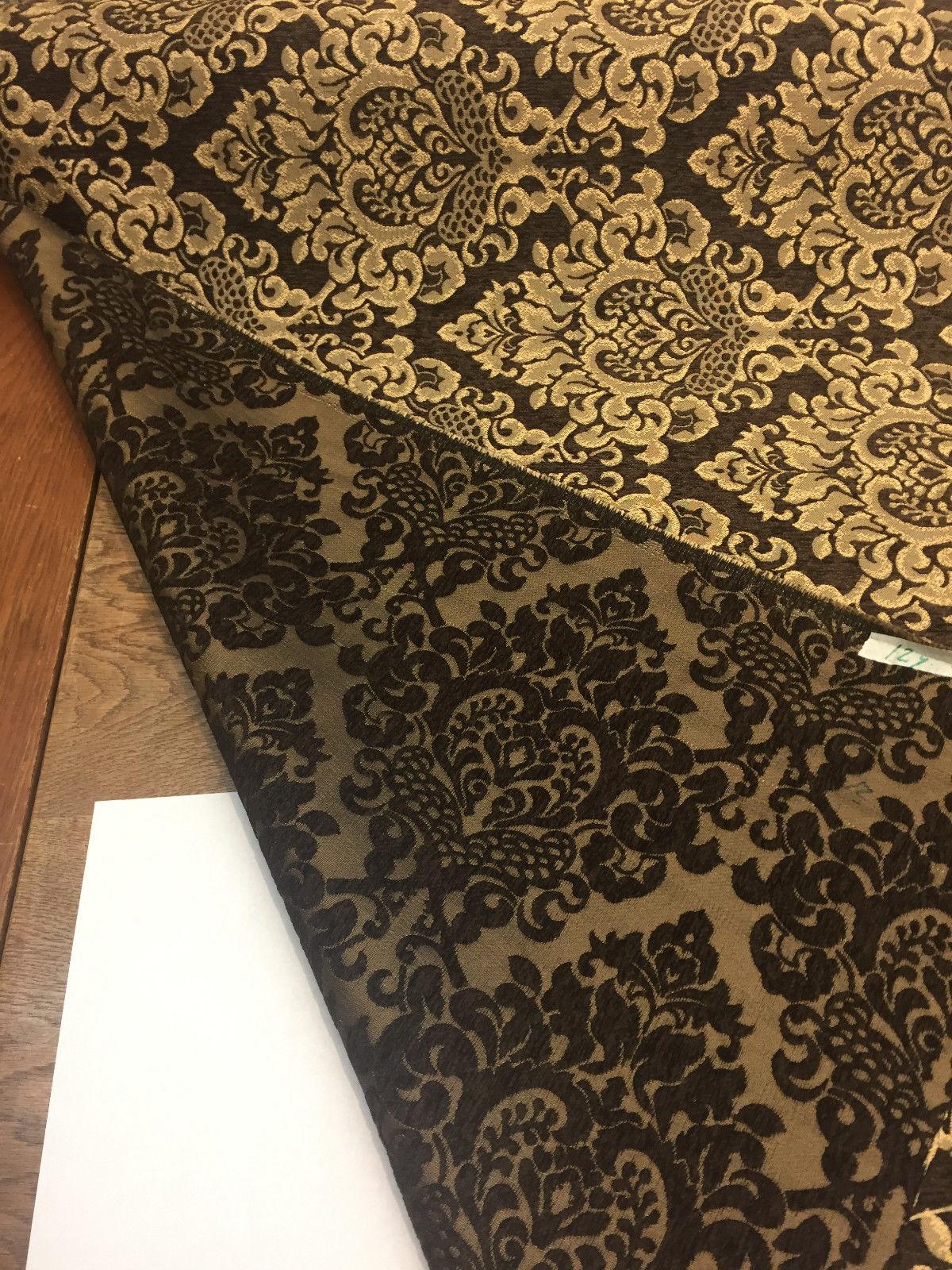 Cleopatra Chenille Upholstery Damask Fabric - Dark Brown/Gold, 56" Width, 10" Vertical Repeat, 15" Horizontal Repeat (1 Yard)