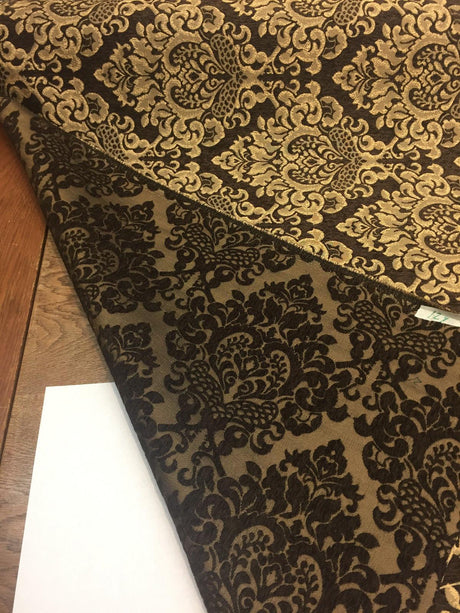 Cleopatra Chenille Upholstery Damask Fabric - Dark Brown/Gold, 56" Width, 10" Vertical Repeat, 15" Horizontal Repeat (1 Yard)