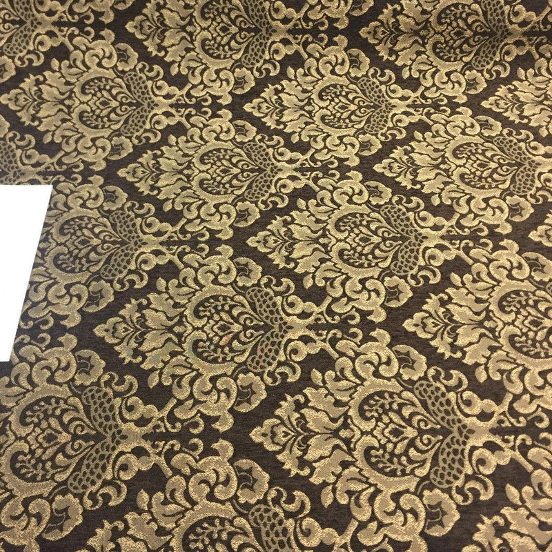 Cleopatra Chenille Upholstery Damask Fabric - Dark Brown/Gold, 56" Width, 10" Vertical Repeat, 15" Horizontal Repeat (1 Yard)