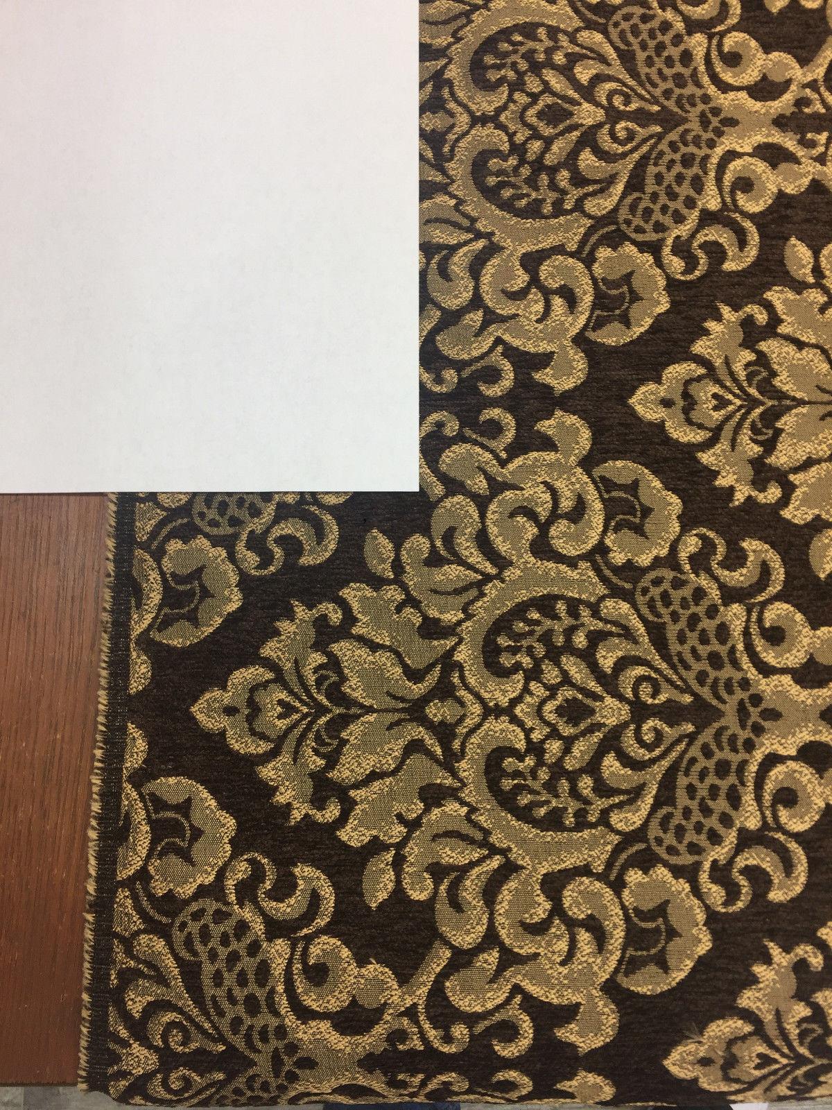 Cleopatra Chenille Upholstery Damask Fabric - Dark Brown/Gold, 56" Width, 10" Vertical Repeat, 15" Horizontal Repeat (1 Yard)