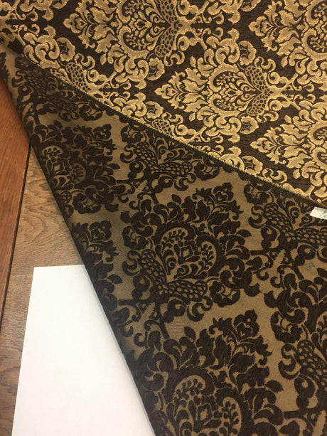 Cleopatra Chenille Upholstery Damask Fabric - Dark Brown/Gold, 56" Width, 10" Vertical Repeat, 15" Horizontal Repeat (1 Yard)