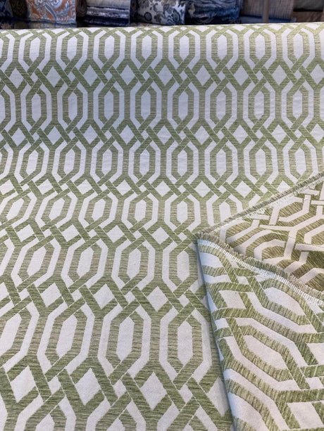 Naxos Chenille Fabric - Green Ivory Geometric, 59" Width (By The Yard)