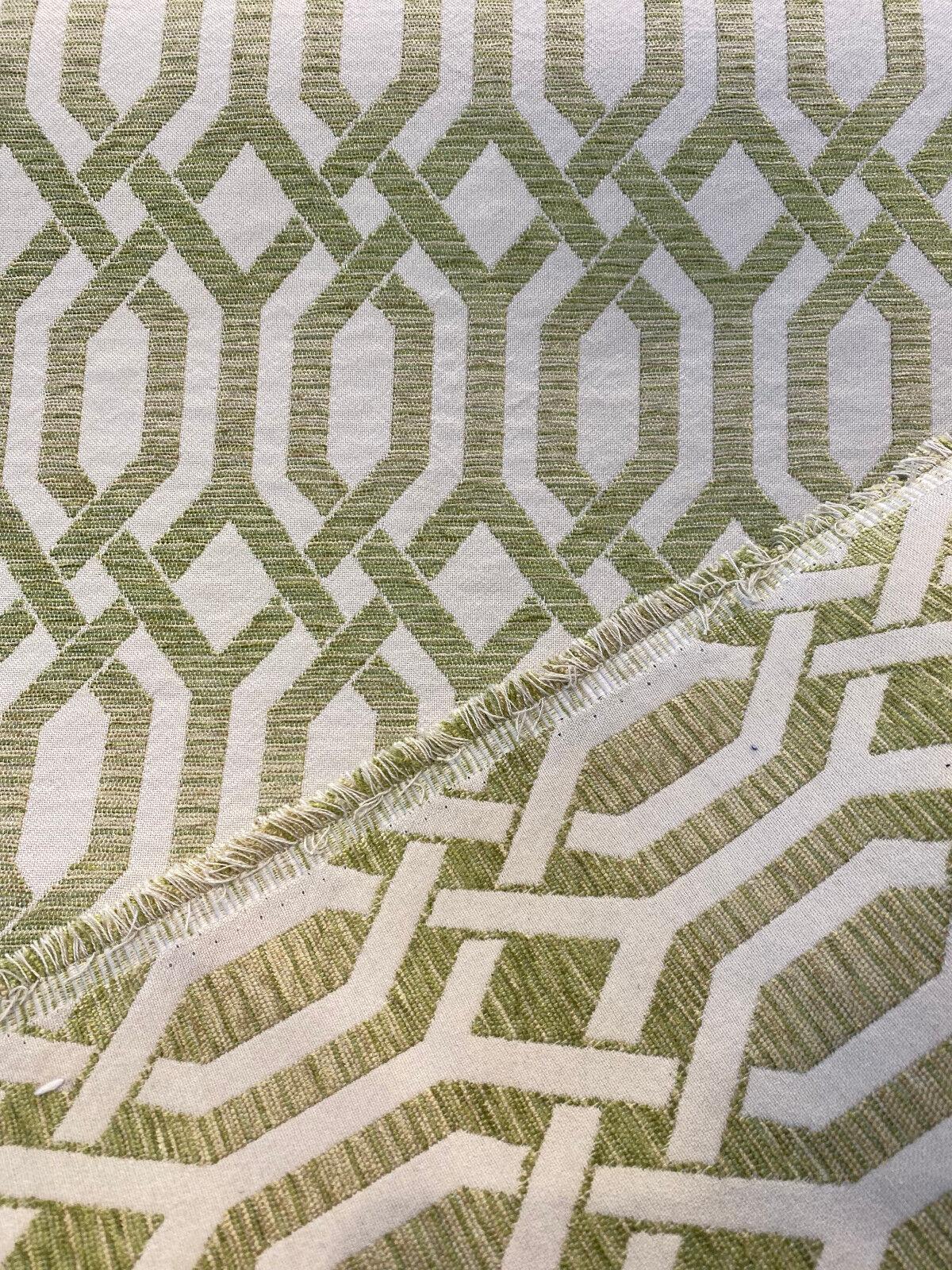 Naxos Chenille Fabric - Green Ivory Geometric, 59" Width (By The Yard)