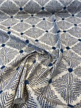 Waverly Wilshire Cotton Embroidered Fabric - Navy, Indigo Blue, Stone Grey, Lattice Pattern, 54" Width, 18" Vertical Repeat, 13.5" Horizontal Repeat (1 Yard)