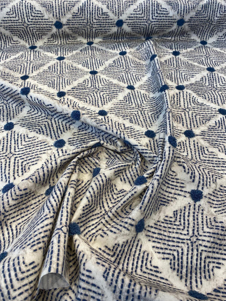 Waverly Wilshire Cotton Embroidered Fabric - Navy, Indigo Blue, Stone Grey, Lattice Pattern, 54" Width, 18" Vertical Repeat, 13.5" Horizontal Repeat (1 Yard)