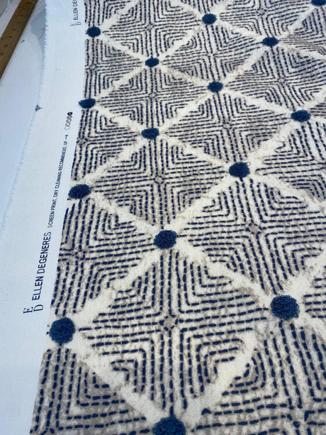 Waverly Wilshire Cotton Embroidered Fabric - Navy, Indigo Blue, Stone Grey, Lattice Pattern, 54" Width, 18" Vertical Repeat, 13.5" Horizontal Repeat (1 Yard)