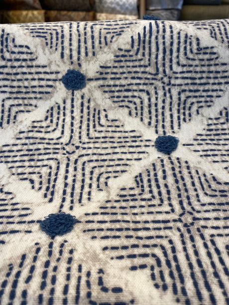Waverly Wilshire Cotton Embroidered Fabric - Navy, Indigo Blue, Stone Grey, Lattice Pattern, 54" Width, 18" Vertical Repeat, 13.5" Horizontal Repeat (1 Yard)