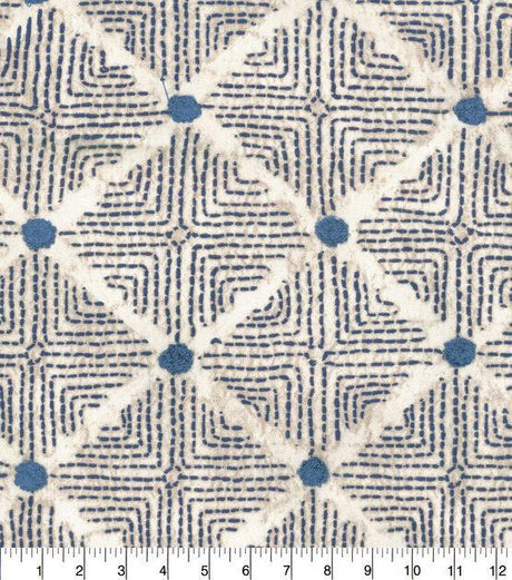 Waverly Wilshire Cotton Embroidered Fabric - Navy, Indigo Blue, Stone Grey, Lattice Pattern, 54" Width, 18" Vertical Repeat, 13.5" Horizontal Repeat (1 Yard)