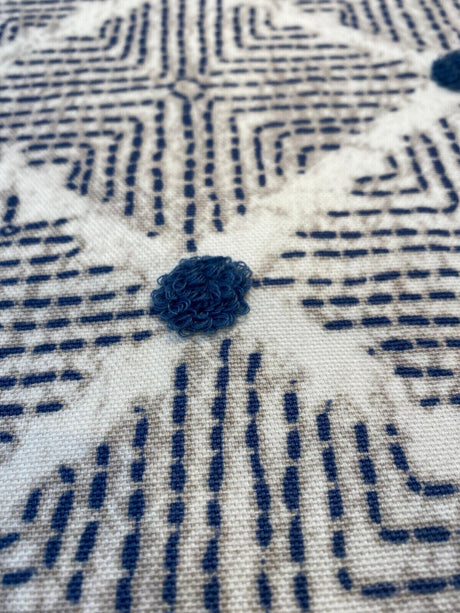 Waverly Wilshire Cotton Embroidered Fabric - Navy, Indigo Blue, Stone Grey, Lattice Pattern, 54" Width, 18" Vertical Repeat, 13.5" Horizontal Repeat (1 Yard)