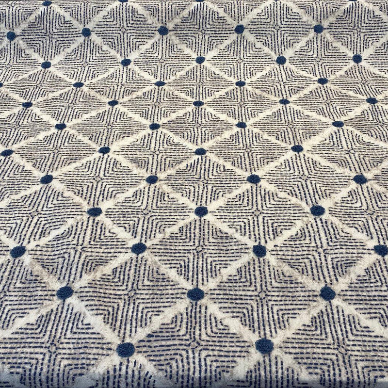 Waverly Wilshire Cotton Embroidered Fabric - Navy, Indigo Blue, Stone Grey, Lattice Pattern, 54" Width, 18" Vertical Repeat, 13.5" Horizontal Repeat (1 Yard)
