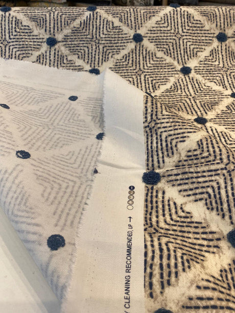 Waverly Wilshire Cotton Embroidered Fabric - Navy, Indigo Blue, Stone Grey, Lattice Pattern, 54" Width, 18" Vertical Repeat, 13.5" Horizontal Repeat (1 Yard)