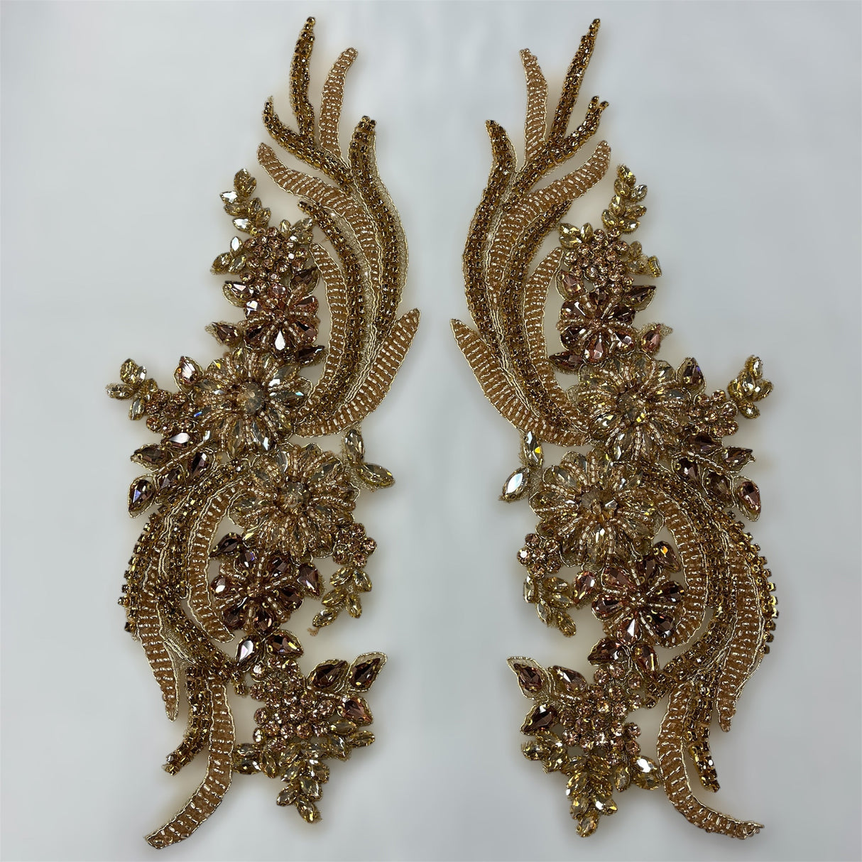 Rhinestone Applique Floral Lace Pair 14" x 4"