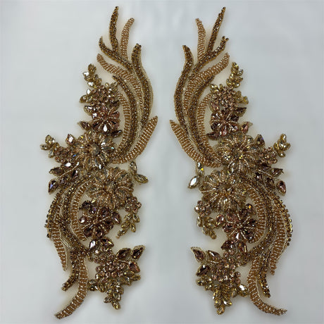 Crystal Rhinestone Applique 100 Percent Polyester Lace Fabric - Floral Beaded Embroidered, 14" X 4" Each Side (1 Pair)
