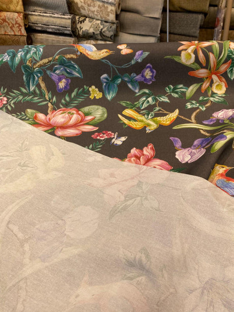 Tabita Noir Cotton Fabric - Birds, Butterflies, Green Palm Branches On Noir Black Background, 54" Width, 27" Vertical Repeat (1 Yard)