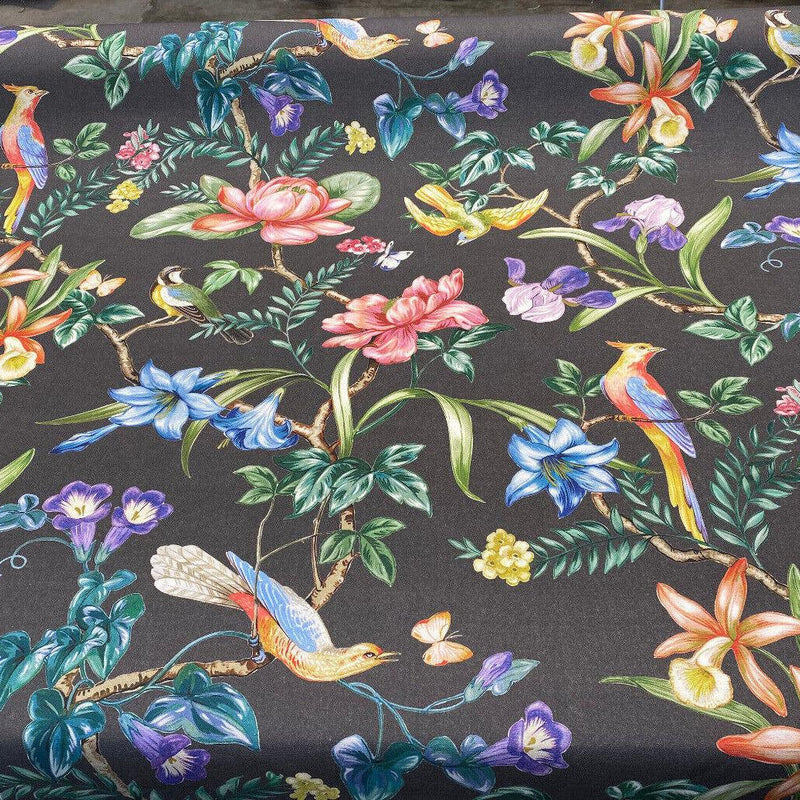 Tabita Noir Cotton Fabric - Birds, Butterflies, Green Palm Branches On Noir Black Background, 54" Width, 27" Vertical Repeat (1 Yard)